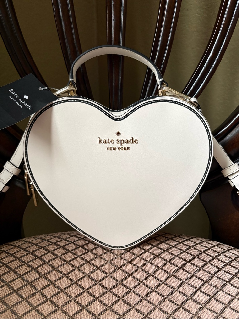 kate spade Heart-Shaped Mini Crossbody Bag in Cream with Black Trim